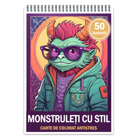 Carti de colorat pentru copii - Carte de colorat antistres , 50 de ilustratii Monstruleti cu Stil, 106 pagini