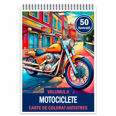 Carti de colorat cu masini si vehicule - Carte de colorat antistres , 50 de ilustratii Motociclete - Volumul II, 106 pagini