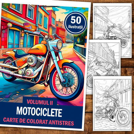 Carte de colorat antistres , 50 de ilustratii Motociclete - Volumul II, 106 pagini [1]