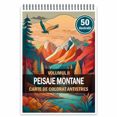Carti de colorat cu peisaje - Carte de colorat antistres , 50 de ilustratii Peisaje Montane - Volumul II, 106 pagini
