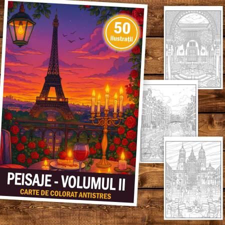 Carte de colorat antistres, 50 de ilustratii Peisaje - Volumul II, 106 pagini [1]