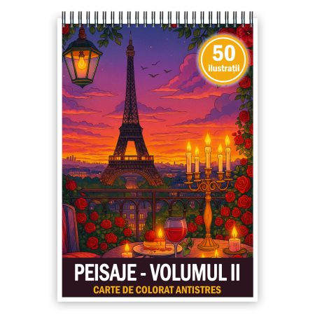 Carti de colorat antistres pentru adulti - Carte de colorat antistres, 50 de ilustratii Peisaje - Volumul II, 106 pagini