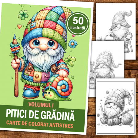 Carte de colorat antistres , 50 de ilustratii Pitici de Gradina - Volumul I, 106 pagini [1]