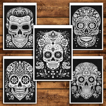 Carte de colorat antistres , 50 de ilustratii Sugar Skulls pe fundal negru, 106 pagini [3]