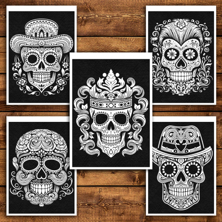 Carte de colorat antistres , 50 de ilustratii Sugar Skulls pe fundal negru, 106 pagini [4]