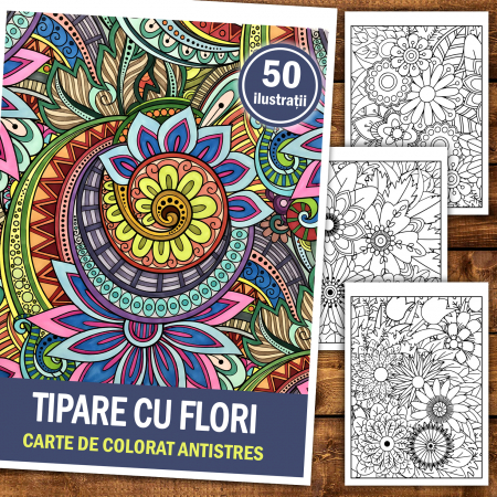 Carte de colorat antistres, 50 de ilustratii Tipare cu Flori [1]