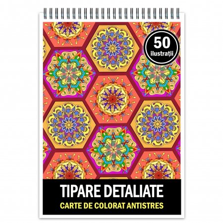 Carti de colorat cu tipare - Carte de colorat antistres, 50 de ilustratii Tipare Detaliate