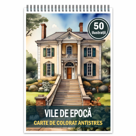 Carti de colorat cu Peisaje, cladiri, castele - Carte de colorat antistres , 50 de ilustratii Vile de Epoca, 106 pagini