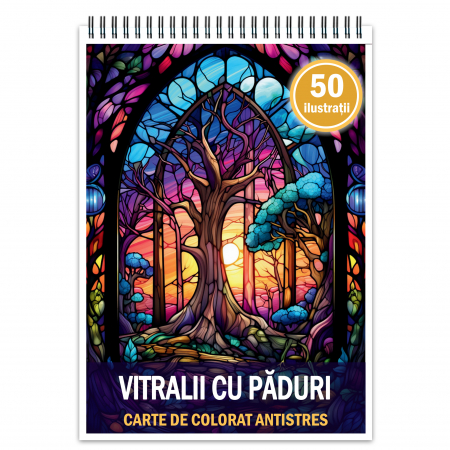 Carti de colorat cu Vitralii - Carte de colorat antistres , 50 de ilustratii Vitralii cu Paduri, 106 pagini