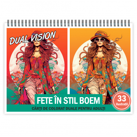 Carti de colorat antistres pentru adulti - Carte de colorat Dual Vision, 33x2 ilustratii cu Fete in stil Boem, 66 pagini
