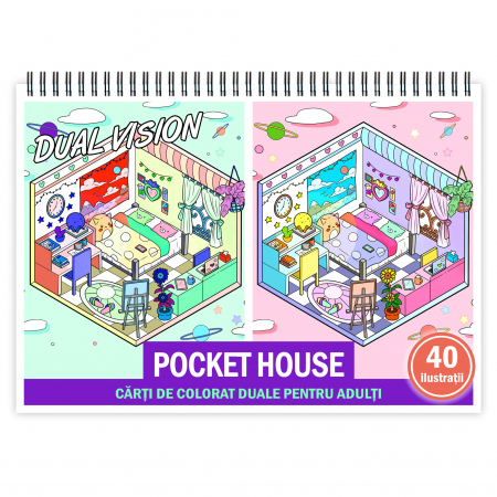 Carti de colorat antistres pentru adulti - Carte de colorat Dual Vision, 40x2 ilustratii cu Pocket House, 86 pagini