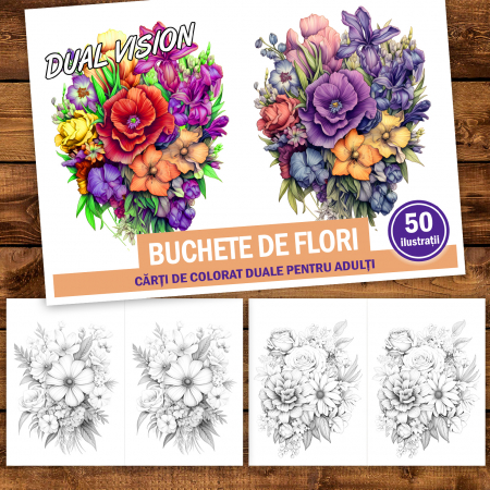 Carte de colorat Dual Vision, 50x2 ilustratii cu Buchete de Flori, 106 pagini [1]