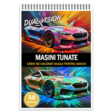 Carti de colorat antistres pentru adulti - Carte de colorat Dual Vision, 50x2 ilustratii cu Masini Tunate, 106 pagini