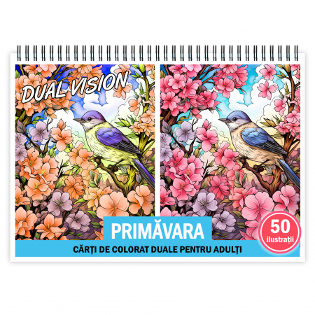 Carti de colorat antistres pentru adulti - Carte de colorat Dual Vision, 50x2 ilustratii cu Primavara, 106 pagini