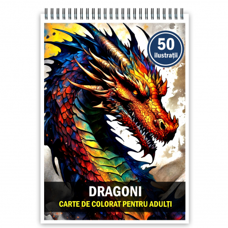 Carti de colorat cu Animale si Creaturi Fantastice - Carte de colorat pentru adulti, 50 de ilustratii, Dragoni, 106 pagini