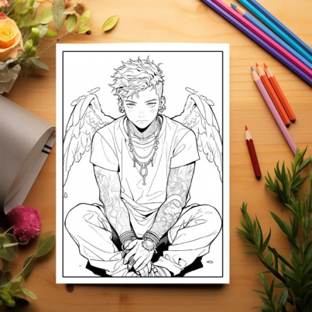Carte de colorat pentru adulti, 50 de ilustratii, Anime Angel Boys, 106 pagini [2]