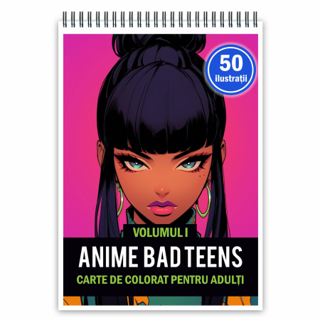 Carti de colorat antistres pentru adulti - Carte de colorat pentru adulti, 50 de ilustratii, Anime Bad Teens - Volumul I, 106 pagini