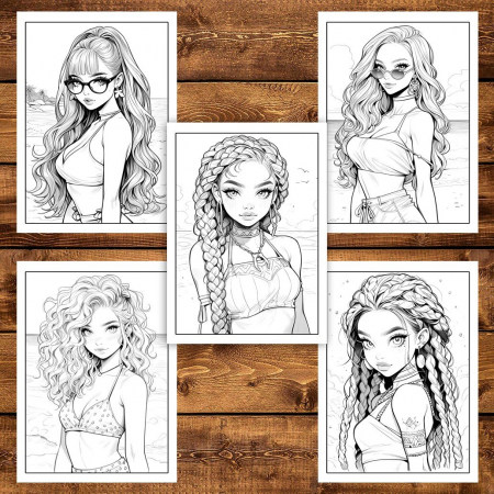 Carte de colorat pentru adulti, 50 de ilustratii, Anime Beach Girls, 106 pagini [2]