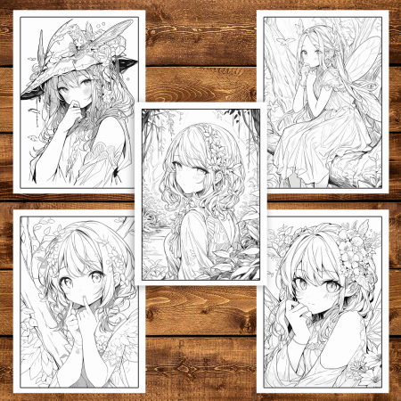 Carte de colorat pentru adulti, 50 de ilustratii, Anime Fairies - Volumul I, 106 pagini [4]