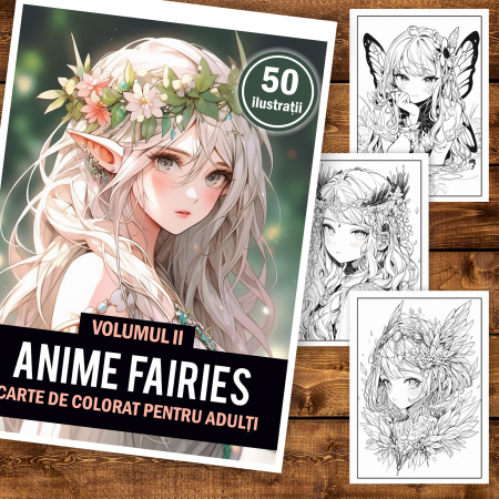 Carte de colorat pentru adulti, 50 de ilustratii, Anime Fairies - Volumul II, 106 pagini [1]