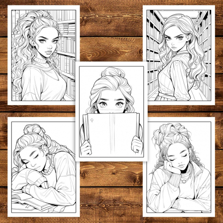 Carte de colorat pentru adulti, 50 de ilustratii, Anime Girls With Books, 106 pagini [4]