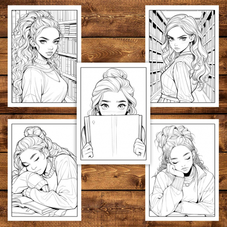 Carte de colorat pentru adulti, 50 de ilustratii, Anime Girls With Books, 106 pagini [4]