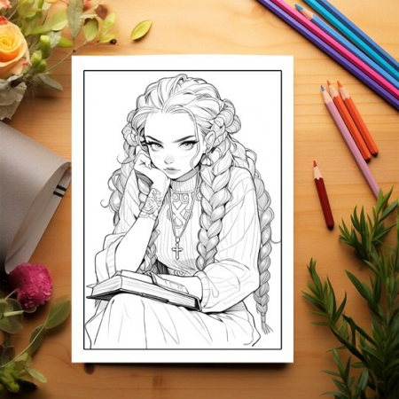 Carte de colorat pentru adulti, 50 de ilustratii, Anime Girls With Books, 106 pagini [2]