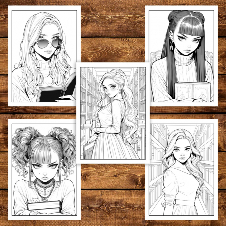 Carte de colorat pentru adulti, 50 de ilustratii, Anime Girls With Books, 106 pagini [3]