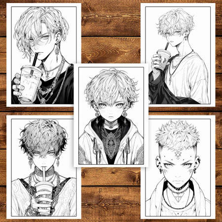 Carte de colorat pentru adulti, 50 de ilustratii, Anime Goth Boys, 106 pagini [4]
