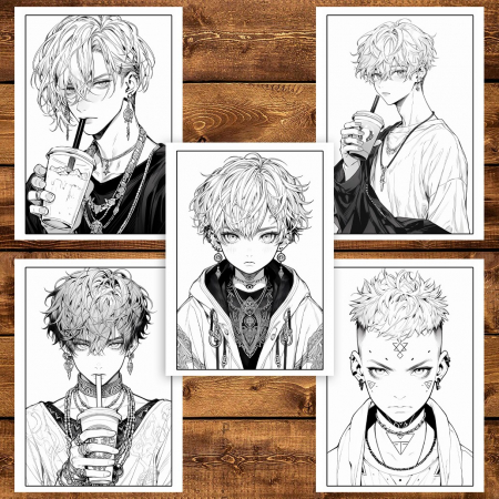 Carte de colorat pentru adulti, 50 de ilustratii, Anime Goth Boys, 106 pagini [4]