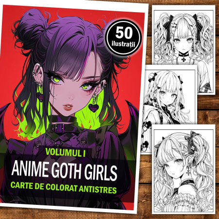 Carte de colorat pentru adulti, 50 de ilustratii, Anime Goth Girls, 106 pagini [1]