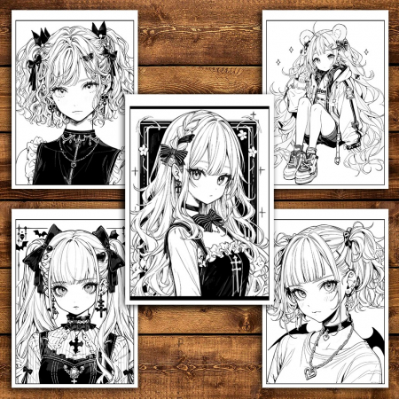 Carte de colorat pentru adulti, 50 de ilustratii, Anime Goth Girls, 106 pagini [4]