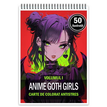 Carti de colorat antistres pentru adulti - Carte de colorat pentru adulti, 50 de ilustratii, Anime Goth Girls, 106 pagini