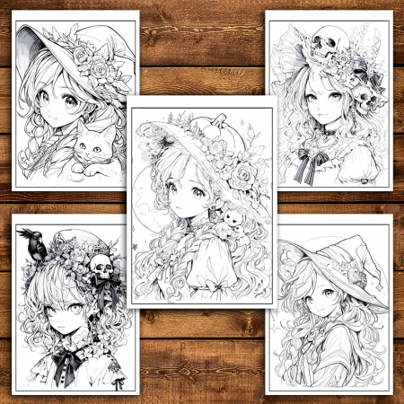 Carte de colorat pentru adulti cu ilustratii anime fete in stil halloween​ [3]
