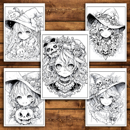 Carte de colorat pentru adulti cu ilustratii anime fete in stil halloween​ [4]