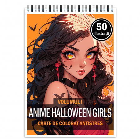 Fete Anime - Carte de colorat pentru adulti cu ilustratii anime fete in stil halloween​