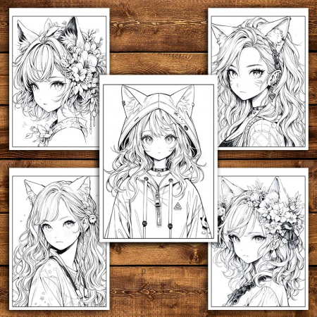 Carte de colorat pentru adulti, 50 de ilustratii Anime Neko Girls, 106 pagini [3]