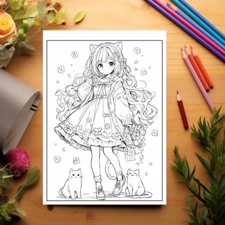 Carte de colorat pentru adulti, 50 de ilustratii Anime Neko Girls, 106 pagini [2]