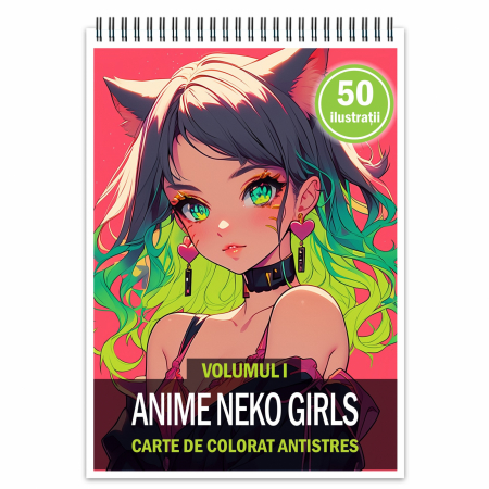 Carti de colorat antistres pentru adulti - Carte de colorat pentru adulti, 50 de ilustratii Anime Neko Girls, 106 pagini