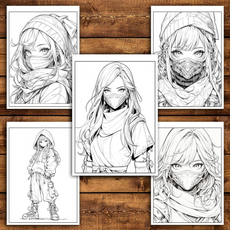 Carte de colorat pentru adulti, 50 de ilustratii Anime Ninja Girls, 106 pagini [3]