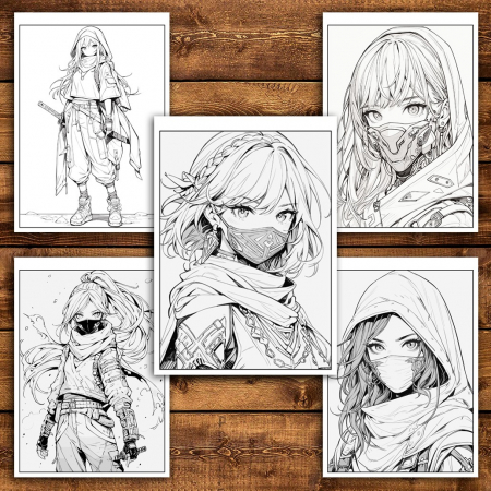 Carte de colorat pentru adulti, 50 de ilustratii Anime Ninja Girls, 106 pagini [4]