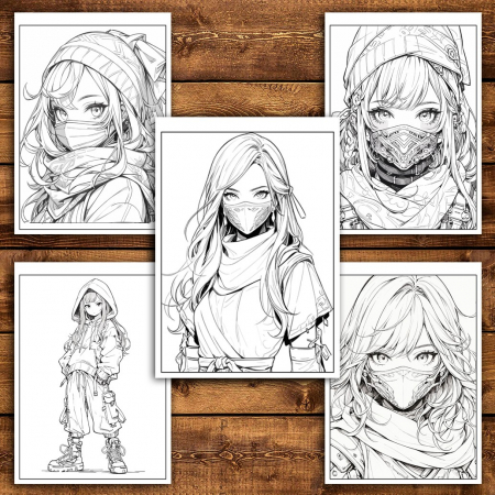 Carte de colorat pentru adulti, 50 de ilustratii Anime Ninja Girls, 106 pagini [3]