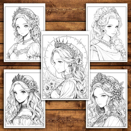 Carte de colorat pentru adulti, 50 de ilustratii, Anime Princesses - Volumul I, 106 pagini [3]