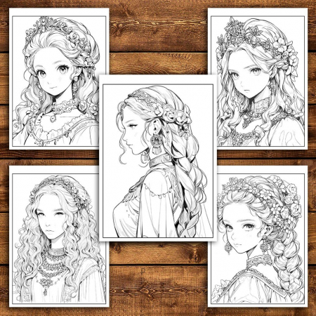 Carte de colorat pentru adulti, 50 de ilustratii, Anime Princesses - Volumul I, 106 pagini [2]