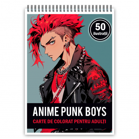 Baieti Anime - Carte de colorat pentru adulti, 50 de ilustratii Anime Punk Boys, 106 pagini