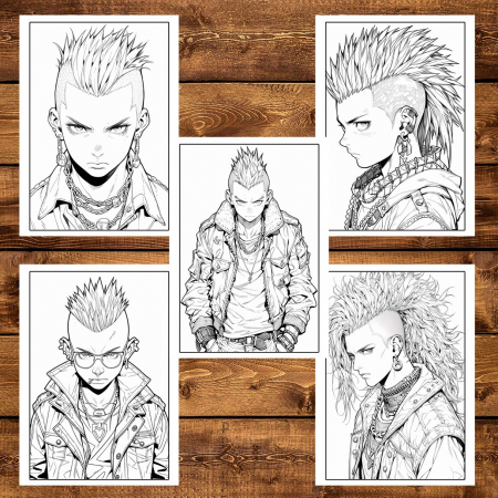 Carte de colorat pentru adulti, 50 de ilustratii Anime Punk Boys, 106 pagini [5]