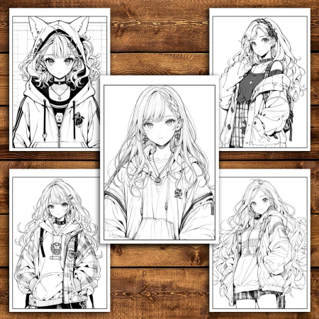 Carte de colorat pentru adulti, 50 de ilustratii, Anime Punk Girls, 106 pagini [3]