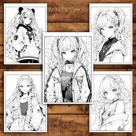 Carte de colorat pentru adulti, 50 de ilustratii, Anime Punk Girls, 106 pagini [4]