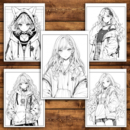 Carte de colorat pentru adulti, 50 de ilustratii, Anime Punk Girls, 106 pagini [3]