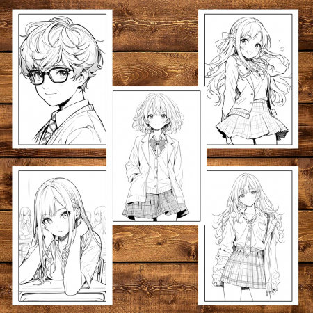 Carte de colorat pentru adulti, 50 de ilustratii Anime School Life, 106 pagini [5]
